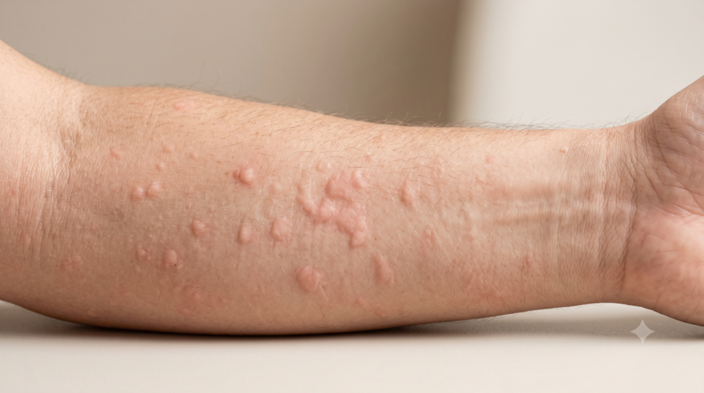 Raised itchy skin welts representing urticaria
