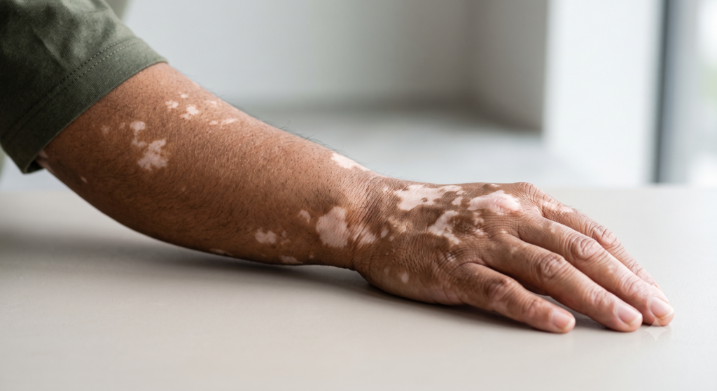 Depigmented skin patches characteristic of vitiligo